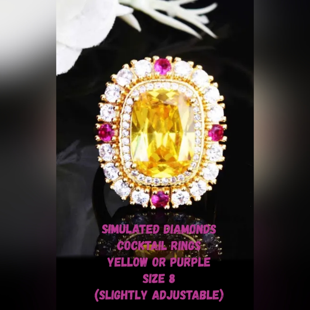 Simulated diamonds cocktail rings, yellow or purple, Sz.8 both